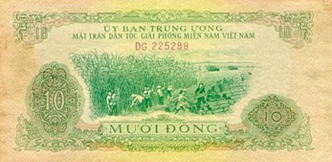 10 đồng in hình vụ thu hoạch mía, minh họa các mệnh giá tiền Việt Nam những năm 1975