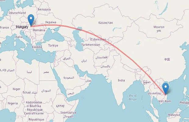 Bản đồ bay quốc tế hiển thị khoảng cách địa lý giữa Việt Nam và Hungary, ước tính thời gian bay từ Việt Nam sang Hungary mất bao lâu