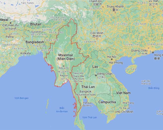 Bản đồ chi tiết đất nước Myanmar với các đường biên giới và thủ đô Naypyidaw