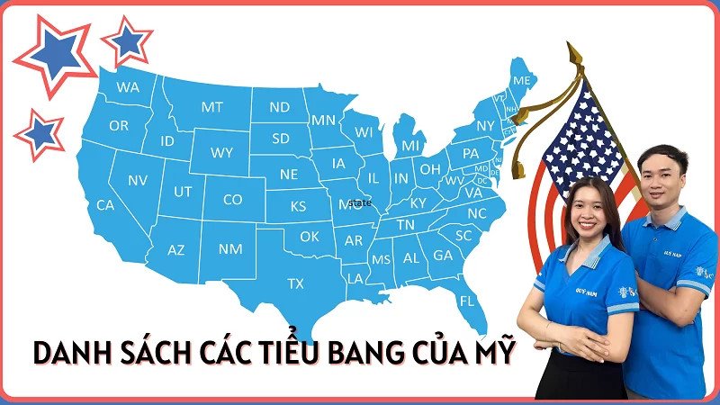 Bản đồ địa lý chính trị của 50 tiểu bang Hoa Kỳ
