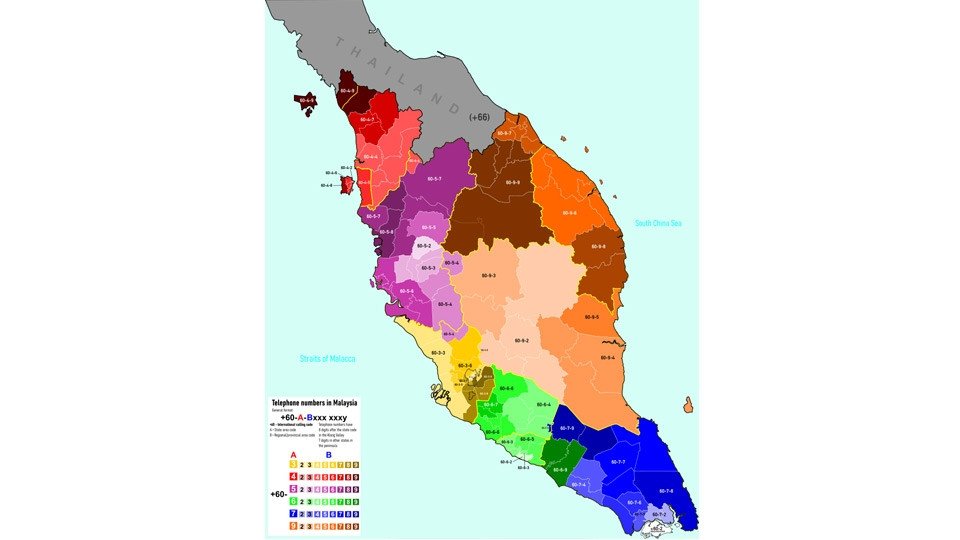 Bản đồ phân chia mã vùng điện thoại địa phương theo khu vực tại Malaysia