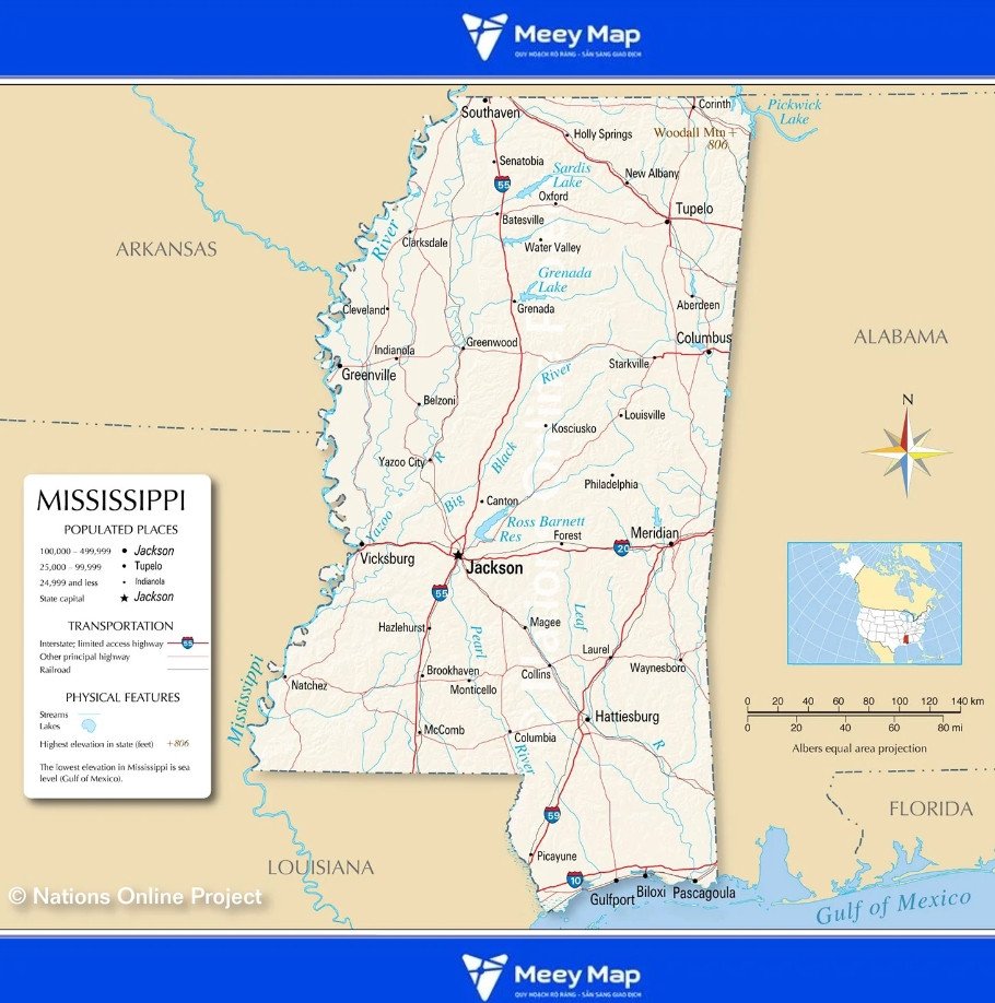 Bản đồ Sông Mississippi trên bản đồ địa lý Hoa Kỳ