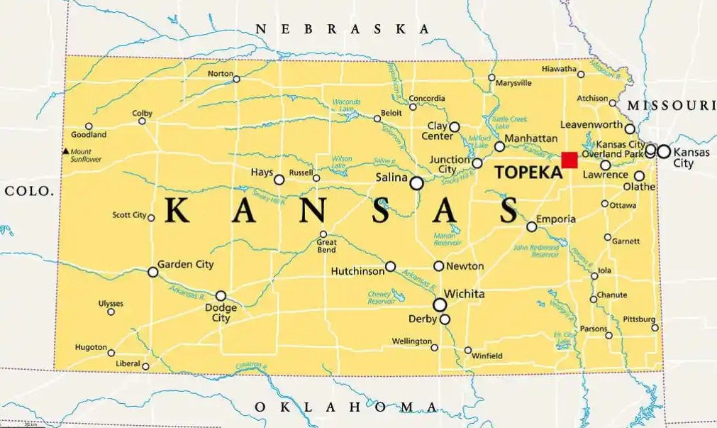 Bản đồ vị trí địa lý của bang Kansas ở Trung Tây Hoa Kỳ, thể hiện ranh giới và các bang lân cận