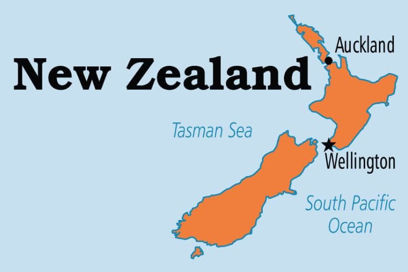 Bản đồ vị trí địa lý của New Zealand trên thế giới, hiển thị quốc đảo New Zealand thuộc châu nào.