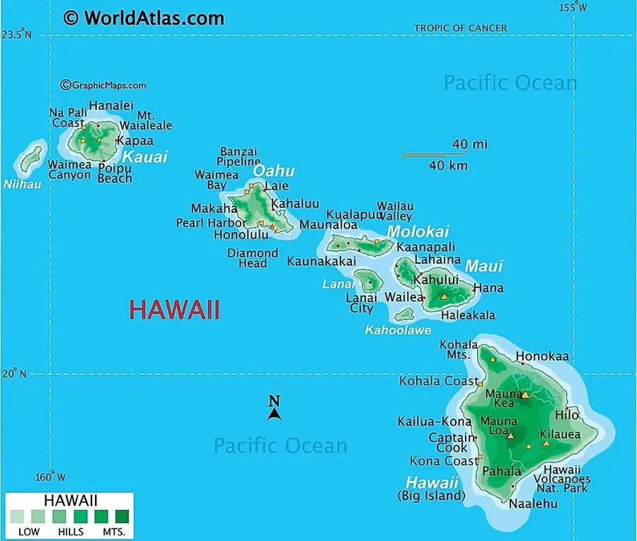 Hawaii là nước nào? Giải đáp vị thế đặc biệt của quần đảo Bản đồ vị trí địa lý quần đảo Hawaii trong mối quan hệ với các châu lục và Hoa Kỳ