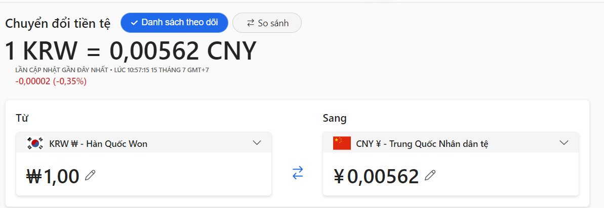 Bảng tỷ giá Won Hàn Quốc so với các loại ngoại tệ lớn