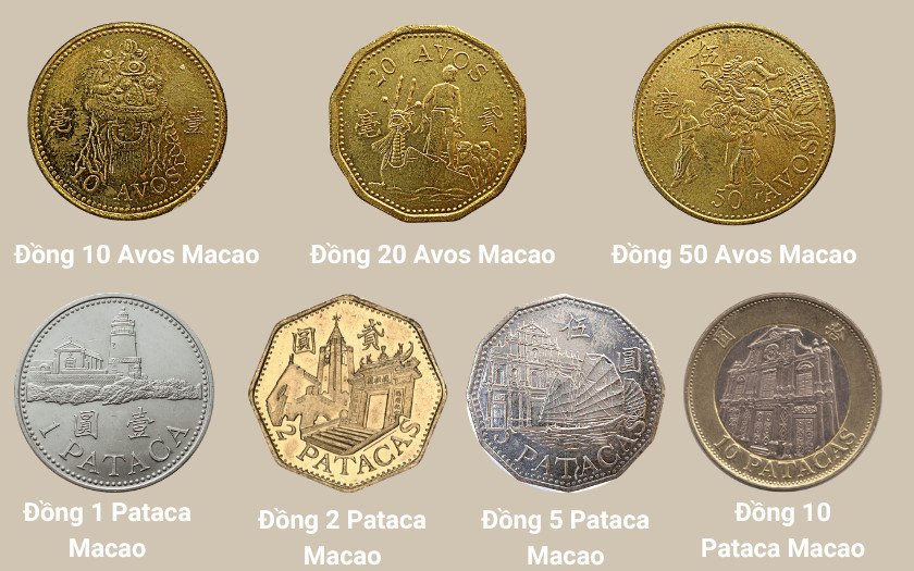 Các mệnh giá tiền xu Pataca Macao từ 10 Avos đến 10 Pataca