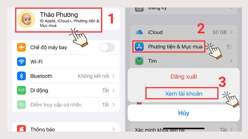 Chạm vào Tên > Phương tiện &amp; Mục mua > Xem tài khoản