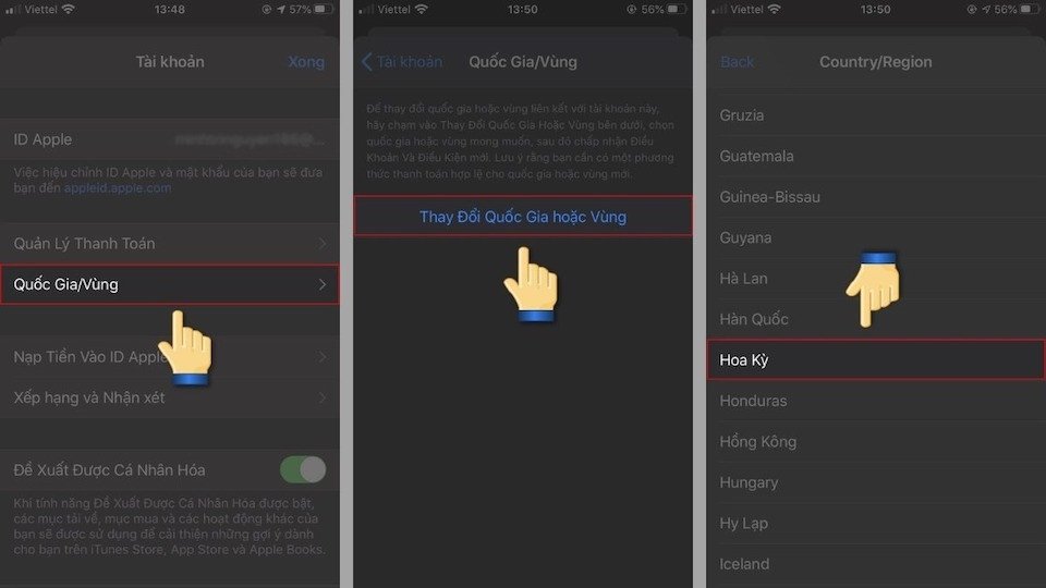 Chọn tên tài khoản và mục Quốc gia/Vùng để bắt đầu quá trình thay đổi khu vực AppStore