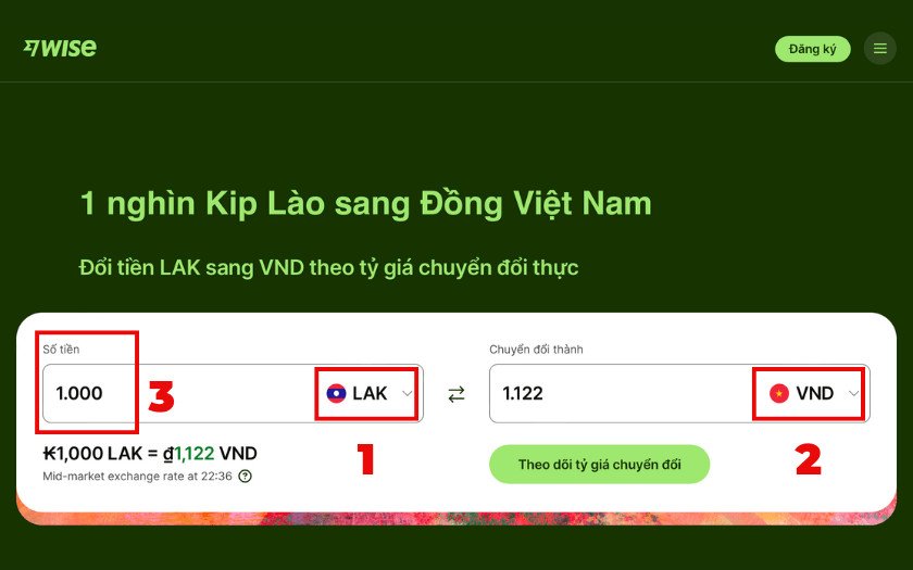 Giao diện công cụ tra cứu để chuyển đổi tiền Lào sang tiền Việt Nam
