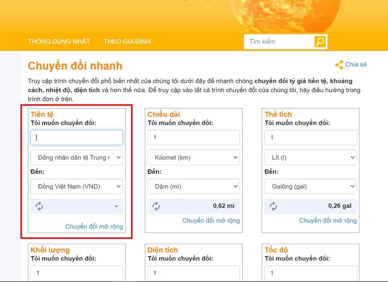 Giao diện website chuyển đổi tiền tệ trực tuyến, hiển thị CNY sang VND