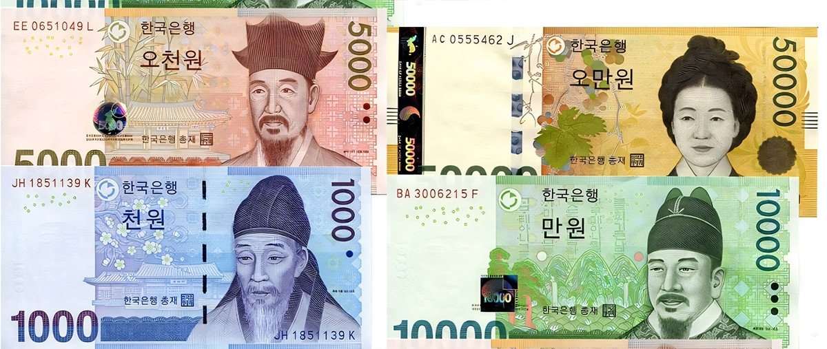 Hình ảnh các mệnh giá tiền giấy Won Hàn Quốc phổ biến, trong đó có tờ 1000 Won