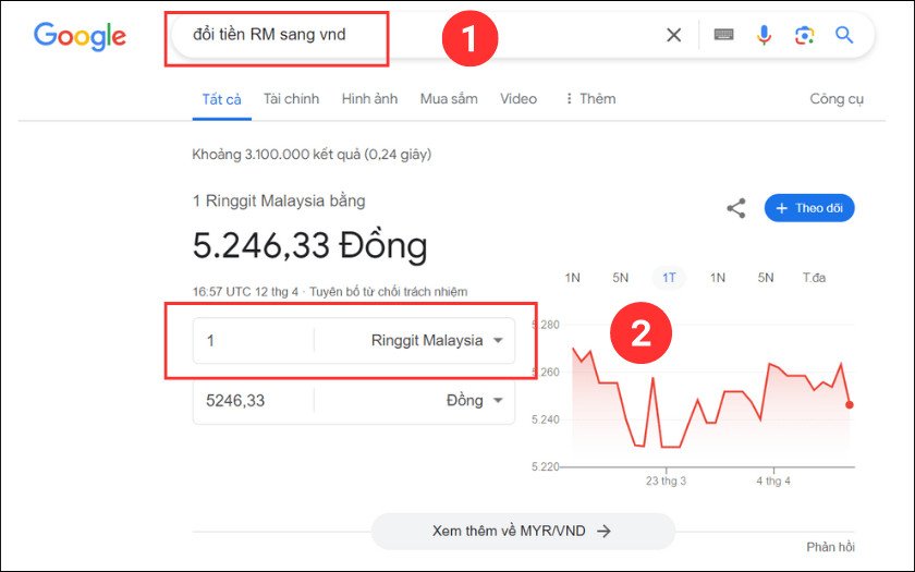 Hướng dẫn đổi tiền Ringgit Malaysia sang VND bằng công cụ Google