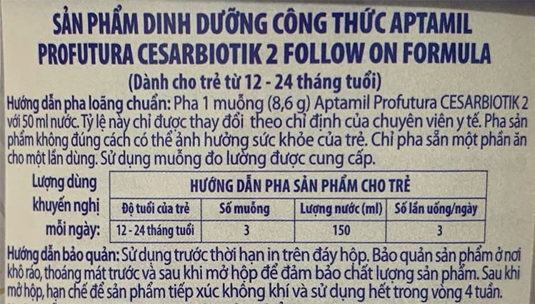 Hướng dẫn pha sữa Aptamil Profutura số 2 lon 800g New Zealand cho trẻ 1-2 tuổi