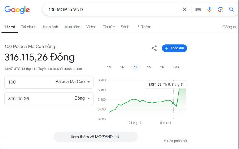 Hướng dẫn tra cứu tỷ giá Pataca Macao bằng Google