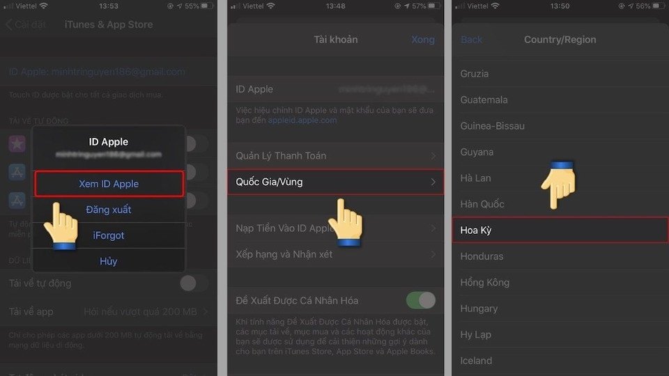 Lựa chọn Hoa Kỳ từ danh sách Quốc gia/Vùng để hoàn tất đổi vùng AppStore qua cài đặt