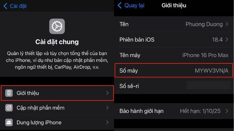 Màn hình cài đặt iPhone hiển thị thông tin số máy, giúp xác định iPhone CH/A là nước nào