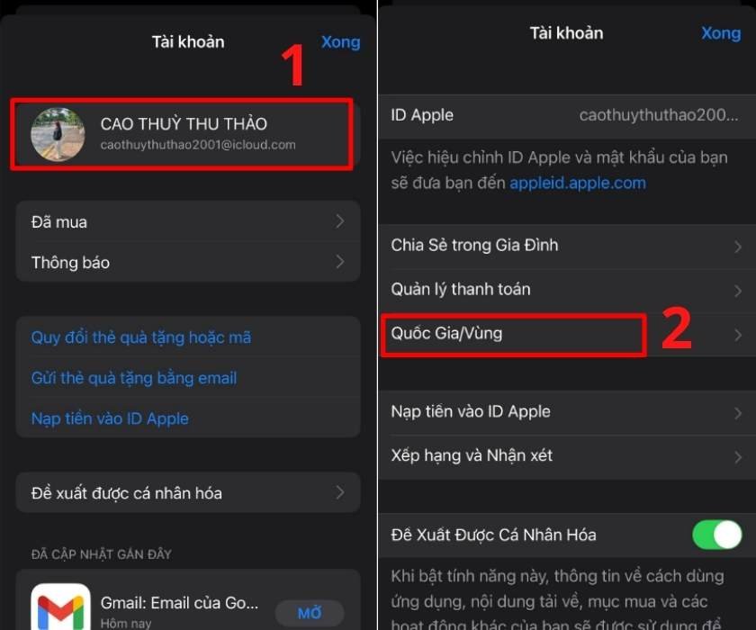 Màn hình cài đặt tài khoản Apple ID, lựa chọn mục Quốc Gia Vùng để thực hiện thay đổi khu vực App Store