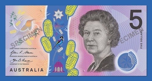 Mặt trước của tờ 5 đô la Úc, thể hiện chi tiết thiết kế và mệnh giá tiền tệ AUD.