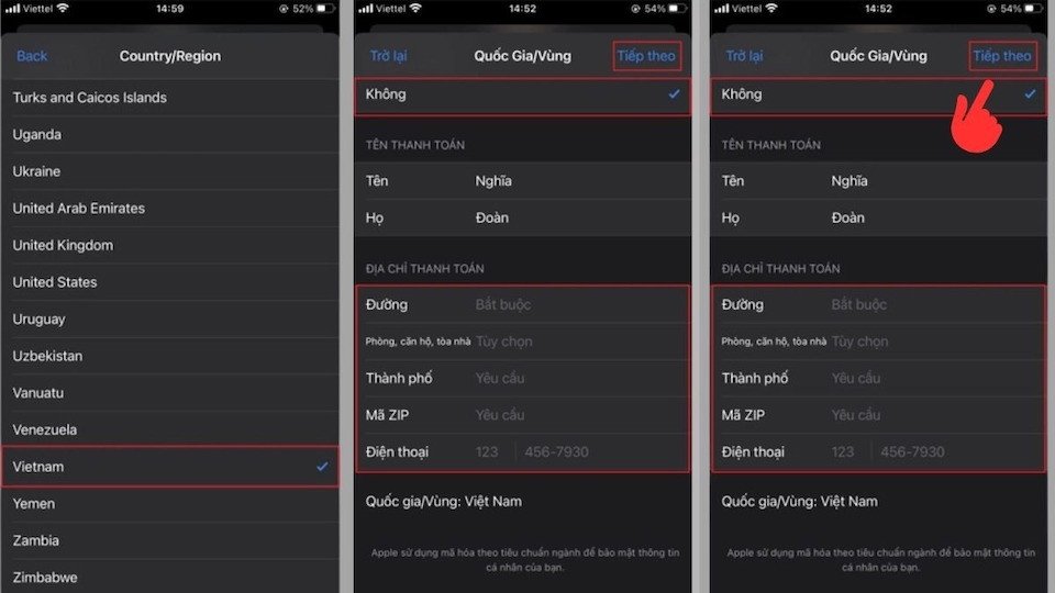 Nhập thông tin thanh toán cần thiết để hoàn tất quá trình chuyển vùng AppStore về Việt Nam
