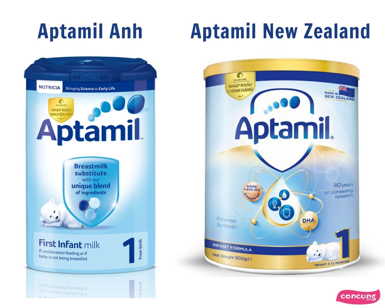 So sánh bao bì sữa bột Aptamil New Zealand và Aptamil Anh, hai dòng sản phẩm Aptamil phổ biến