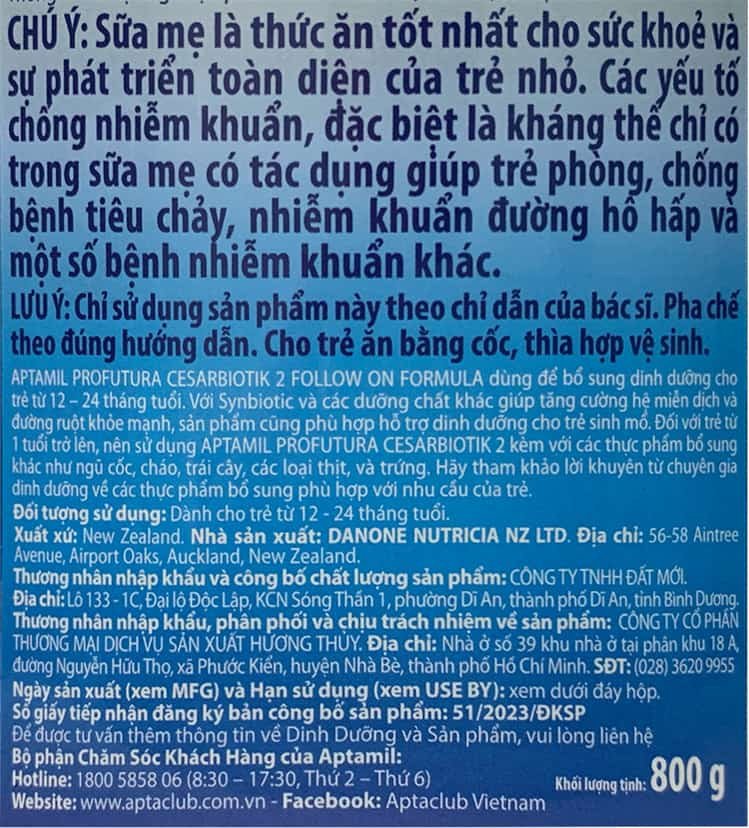 Sữa Aptamil Profutura số 2 New Zealand sản xuất bởi Danone Nutricia