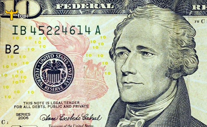 Tờ 10 đô la Mỹ với thiết kế mới, in hình Alexander Hamilton, minh họa chi tiết mệnh giá 10 đô la Mỹ.