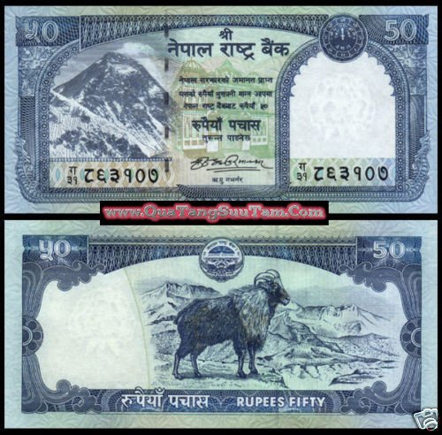 Tờ tiền 50 rupees Nepal với hình núi Everest và con dê, thể hiện giá trị 50 rupees bằng bao nhiêu tiền Việt Nam