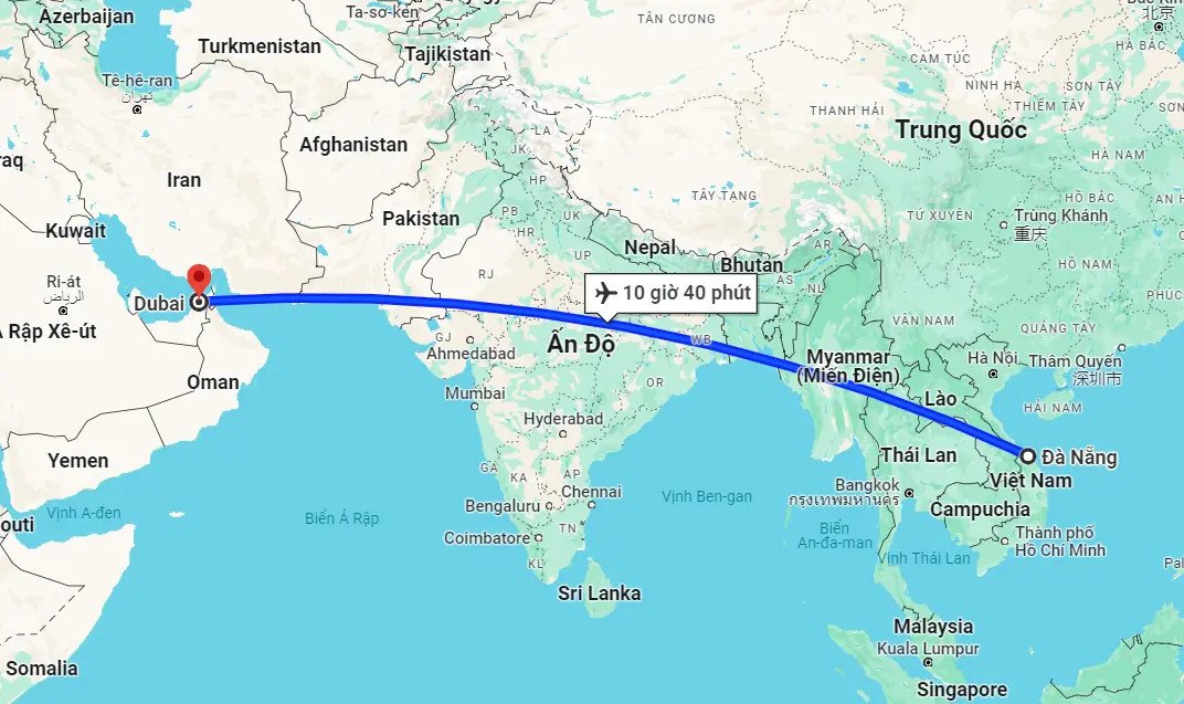 Ước tính thời gian bay từ Đà Nẵng đến Dubai với các điểm dừng, khoảng 10 giờ 40 phút