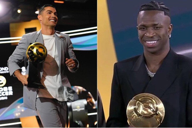 Vinicius Junior và Cristiano Ronaldo nhận giải tại Lễ Trao Giải Quả Bóng Vàng Dubai