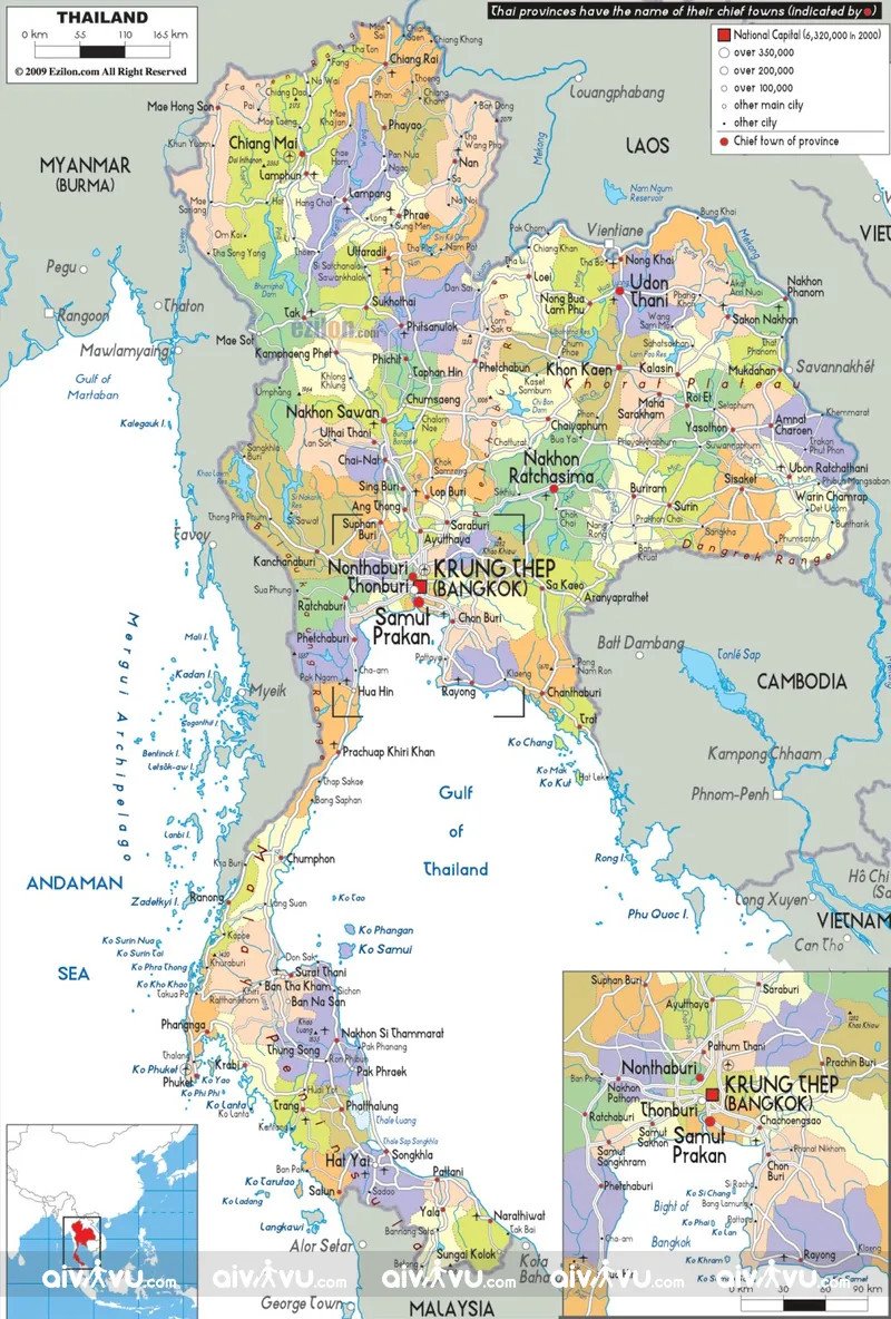 Bản đồ địa lý Thái Lan, minh họa vị trí và các múi giờ liên quan