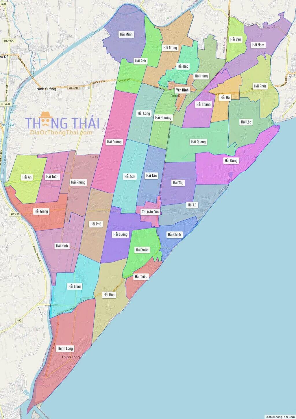 Bản đồ hành chính Huyện Hải Hậu với ranh giới rõ ràng