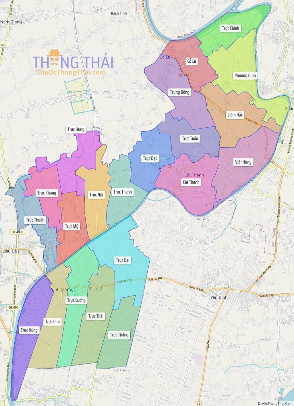 Bản đồ hành chính Huyện Trực Ninh với các đơn vị xã, thị trấn