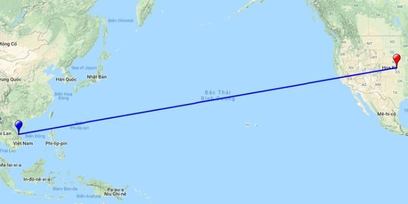 Bản đồ hiển thị khoảng cách địa lý giữa các quốc gia, minh họa vị trí của Việt Nam và Philippines