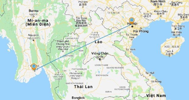Bản đồ hiển thị khoảng cách địa lý Myanmar cách Việt Nam bao nhiêu km