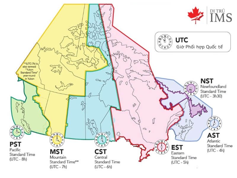 Bản đồ phân bố các múi giờ chính tại Canada, minh họa sự đa dạng về thời gian trên lãnh thổ rộng lớn.