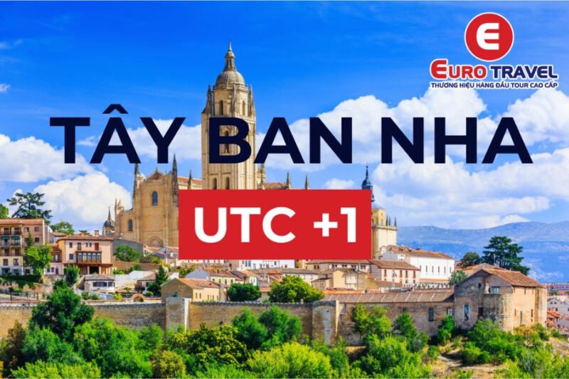 Bản đồ thế giới hiển thị các múi giờ, làm nổi bật vị trí múi giờ Tây Ban Nha UTC+1.