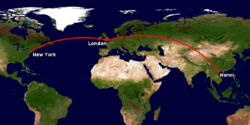 Bản đồ thế giới với các đường bay kết nối, thể hiện tầm quan trọng của hàng không trong việc rút ngắn khoảng cách giữa các thủ đô như Hà Nội và Manila