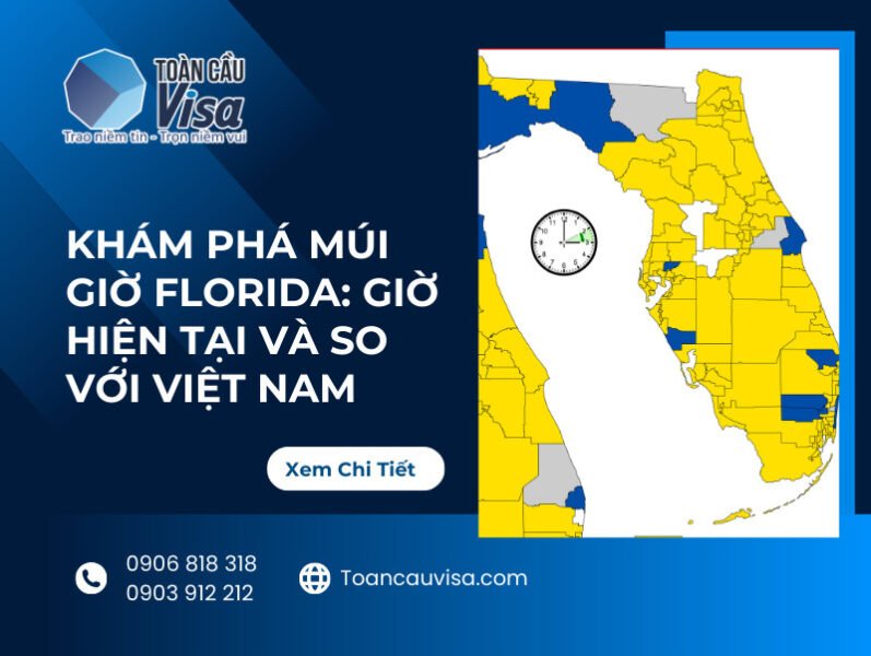 Bản đồ thể hiện các múi giờ tại Florida Mỹ và sự chênh lệch thời gian