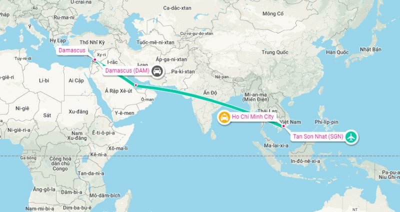 Bản đồ tuyến bay giữa Việt Nam và Syria