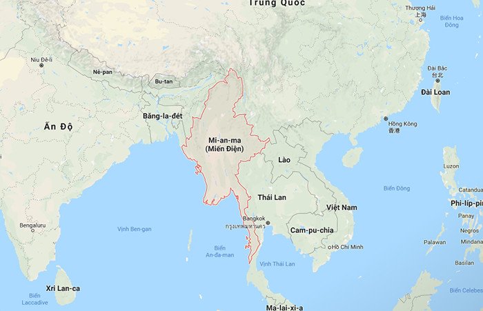 Bản đồ vị trí địa lý của Myanmar ở Đông Nam Á