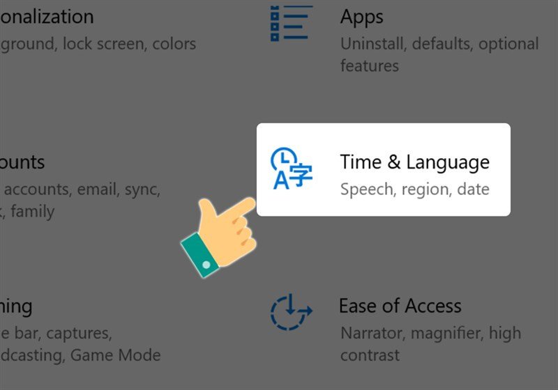 Chọn Time &amp; language để thiết lập múi giờ máy tính