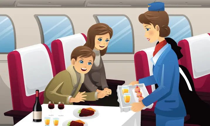 Gia đình ăn uống lành mạnh trên máy bay, giúp giảm thiểu ảnh hưởng múi giờ.