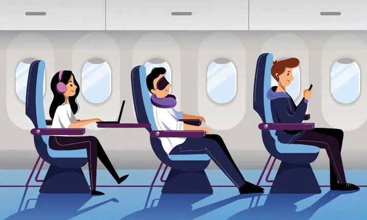 Hành khách đeo mặt nạ ngủ trên máy bay để giảm ảnh hưởng của chênh lệch múi giờ.