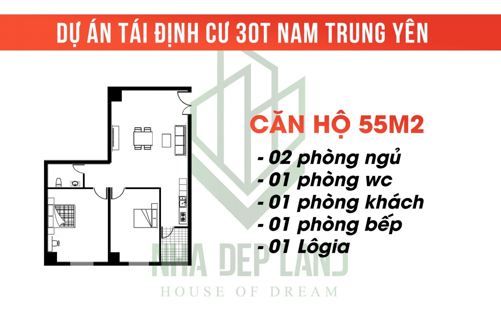 Mặt bằng căn hộ 2 phòng ngủ 55m2 tại chung cư 30T Nam Trung Yên
