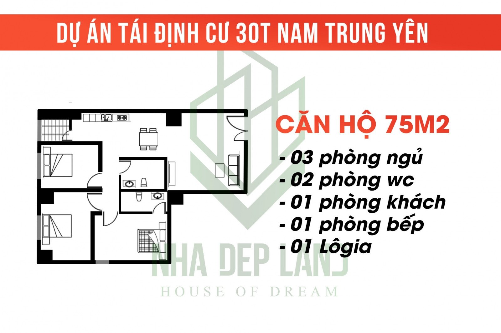Mặt bằng căn hộ 75m2 với 3 phòng ngủ tại chung cư 30T Nam Trung Yên