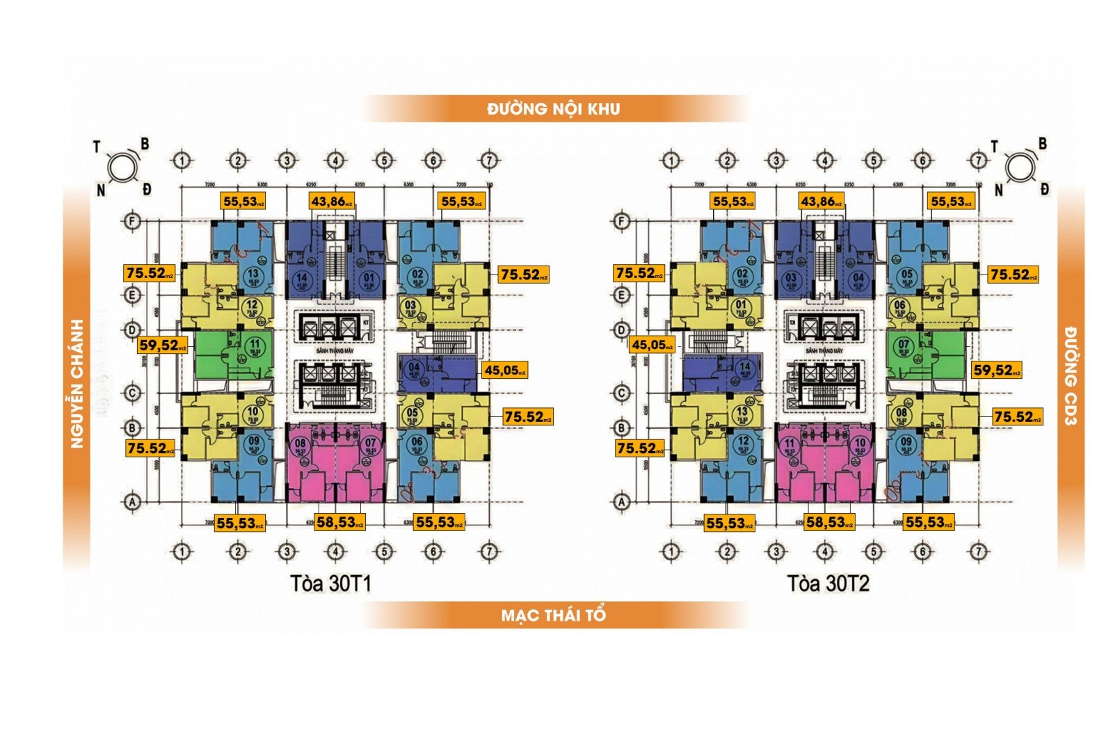 Mặt bằng tổng thể chung cư 30T1 30T2 Nam Trung Yên với phân bổ căn hộ