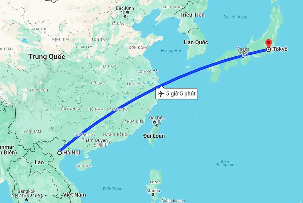Máy bay di chuyển giữa Hà Nội và Tokyo, minh họa quãng đường