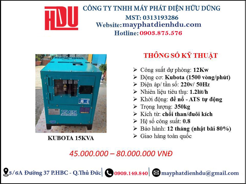 Máy phát điện Kubota 15kva chất lượng cao đã qua kiểm định