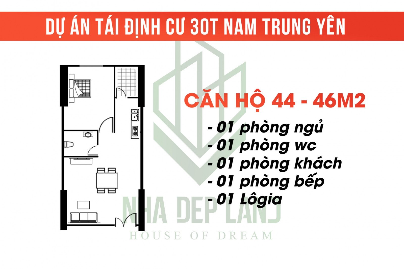 Sơ đồ mặt bằng chi tiết căn hộ 44m2 tại chung cư 30T Nam Trung Yên